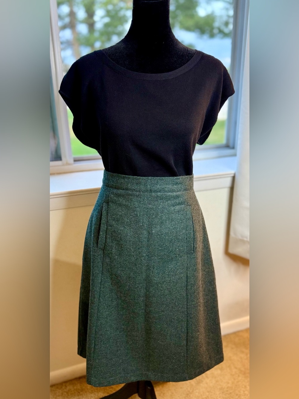 Modcloth wool blend preppy green black herringbone A line skirt lined pockets L - Picture 11 of 12